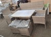 1 X STUDIO 6 PIECE FIJI DINING SET LOT IN GREY CONTAINING TWO SEATER CHAIR IN SIZE H 82 X L 156 X 48 AND 2 ONE SEATER CHAIRS IN SIZE H 81 X L 59 X D 49 CM AND ONE GLASS TOP TABLE IN SIZE H 64 X L 97 X D 62 AND 2 STOOLS IN SIZE H 47 X L 38 X 38 CM (NOT