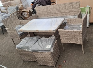 1 X STUDIO 6 PIECE FIJI DINING SET LOT IN GREY CONTAINING TWO SEATER CHAIR IN SIZE H 82 X L 156 X 48 AND 2 ONE SEATER CHAIRS IN SIZE H 81 X L 59 X D 49 CM AND ONE GLASS TOP TABLE IN SIZE H 64 X L 97 X D 62 AND 2 STOOLS IN SIZE H 47 X L 38 X 38 CM (NOT