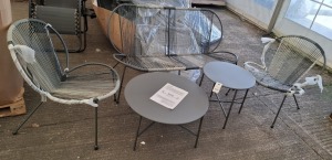 1 X STUDIO BARCELONA 5 PIECE ROPE LOUNGE SET IN BLACK / GREY LOT CONTAINING ONE DOUBLE CHAIR IN SIZE W 142 X D 74.5 X H 76 AND 2 SINGLE CHAIRS IN SIZE 64.5 W X D 74.5 X H 76 AND ONE LARGE TABLE IN SIZE DIA 70 CM X H 35 AND ONE SMALL TABLE IN SIZE DIAM 50C