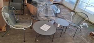 1 X STUDIO BARCELONA 5 PIECE ROPE LOUNGE SET IN BLACK / GREY LOT CONTAINING ONE DOUBLE CHAIR IN SIZE W 142 X D 74.5 X H 76 AND 2 SINGLE CHAIRS IN SIZE 64.5 W X D 74.5 X H 76 AND ONE LARGE TABLE IN SIZE DIA 70 CM X H 35 AND ONE SMALL TABLE IN SIZE DIAM 50C