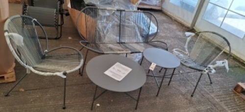 1 X STUDIO BARCELONA 5 PIECE ROPE LOUNGE SET IN BLACK / GREY LOT CONTAINING ONE DOUBLE CHAIR IN SIZE W 142 X D 74.5 X H 76 AND 2 SINGLE CHAIRS IN SIZE 64.5 W X D 74.5 X H 76 AND ONE LARGE TABLE IN SIZE DIA 70 CM X H 35 AND ONE SMALL TABLE IN SIZE DIAM 50C