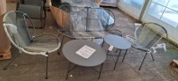 1 X STUDIO BARCELONA 5 PIECE ROPE LOUNGE SET IN BLACK / GREY LOT CONTAINING ONE DOUBLE CHAIR IN SIZE W 142 X D 74.5 X H 76 AND 2 SINGLE CHAIRS IN SIZE 64.5 W X D 74.5 X H 76 AND ONE LARGE TABLE IN SIZE DIA 70 CM X H 35 AND ONE SMALL TABLE IN SIZE DIAM 50C