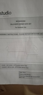 1 X STUDIO OSLO ROPE CORNER SOFA SET LOT CONTAINING LOVESEAT IN SIZE W 64 X D 132 X H 78 CM AND CHAISE IN SIZE W 119 X D 78 X H 78 IN ONE BOX (NOTE CUSTOMER RETURNS)