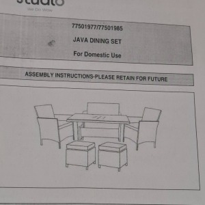 1 X STUDIO JAVA DINING SET IN GREY LOT CONTAINING ONE LOVESEAT IN SIZE 104 X D 59 X 81 , 2 CHAIRS IN SIZE W 58 X D 59 X 81 CM , 2 FOOT STOOLS IN SIZE W 37 X D37 X H37 AND ONE TABLE IN SIZE W100 X D 60 X HIGHT IN TWO BOXES (NOTE CUSTOMER RETURNS UNDELIVERE