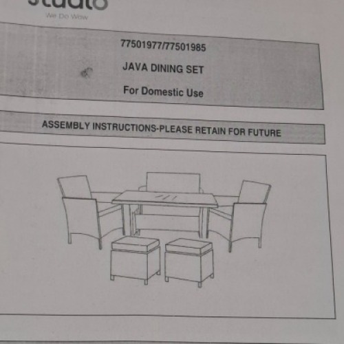 1 X STUDIO JAVA DINING SET IN GREY LOT CONTAINING ONE LOVESEAT IN SIZE 104 X D 59 X 81 , 2 CHAIRS IN SIZE W 58 X D 59 X 81 CM , 2 FOOT STOOLS IN SIZE W 37 X D37 X H37 AND ONE TABLE IN SIZE W100 X D 60 X HIGHT IN TWO BOXES (NOTE CUSTOMER RETURNS UNDELIVERE
