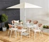 1 X STUDIO MIAMI 8 PIECE DINING SET LOT CONTAINING 6 CHAIRS AND ONE PARASOL AND ONE TABLE IN SIZE L 150 X W 90 X H 75 IN WHITE / WOOD IN TWO BOXES (NOTE CUSTOMER RETURNS UNDELIVERED GOODS)