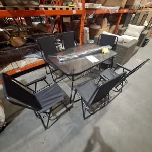 1 X STUDIO OXFORD 8 PIECE PATIO SET IN BLACK LOT CONTAINING 6 FOLDING CHAIRS IN SIZE 53 X 55 X 85 , ONE TABLE IN SIZE 120 X 75 X 70 CM AND ONE UMBRELLA IN SIZE 200CM (NOTE CUSTOMER RETURNS UNDELIVERED GOODS)