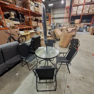 1 X STUDIO OXFORD 6 PIECE PATIO SET IN BLACK LOT CONTAINING 4 FOLDING CHAIRS IN SIZE 53 X 55 X 85 , ONE TABLE IN SIZE DIAM 80 X X 70 CM AND ONE UMBRELLA IN SIZE 180CM (NOTE CUSTOMER RETURNS UNDELIVERED GOODS)