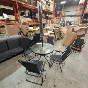 1 X STUDIO OXFORD 6 PIECE PATIO SET IN BLACK LOT CONTAINING 4 FOLDING CHAIRS IN SIZE 53 X 55 X 85 , ONE TABLE IN SIZE DIAM 80 X X 70 CM AND ONE UMBRELLA IN SIZE 180CM (NOTE CUSTOMER RETURNS UNDELIVERED GOODS)