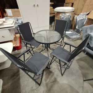1 X STUDIO OXFORD 5 PIECE PATIO SET IN BLACK CONTAINING ONE SMALL TABLE IN SIZE 60 X 71 AND 4 FOLDING CHAIRS