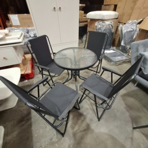 1 X STUDIO OXFORD 5 PIECE PATIO SET IN BLACK CONTAINING ONE SMALL TABLE IN SIZE 60 X 71 AND 4 FOLDING CHAIRS