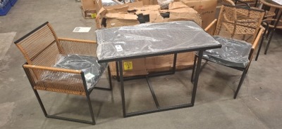 1 X STUDIO JAKARTA ROPE BISTRO SET IN BLACK / NATURAL CONTAINING 2 CHAIRS IN SIZE W 53 X D 56 X H 85 AND ONE TABLE IN SIZE W 108.5 X D 56 X H 72 IN ONE BOX (NOTE CUSTOMER RETURNS DAMAGED BOX )