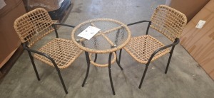 1 X PRE - BUILT STUDIO TRURO BISTRO SET CONTAINING 2 CHAIRS IN SIZE W56 X D 57 X H 81CM AND ONE TABLE IN SIZE DIA 60 X H 72 IN ONE BOX (NOTE CUSTOMER RETURNS ONE CHAIR DAMAGED )