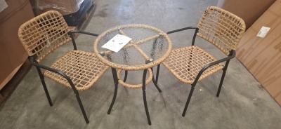 1 X PRE - BUILT STUDIO TRURO BISTRO SET CONTAINING 2 CHAIRS IN SIZE W56 X D 57 X H 81CM AND ONE TABLE IN SIZE DIA 60 X H 72 IN ONE BOX (NOTE CUSTOMER RETURNS ONE CHAIR DAMAGED )