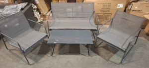 1 X STUDIO 4 PIECE SLING LOUNGE SET IN GREY CONTAINING 2 SEATER AND 2 CHAIRS WITH ONE TABLE IN ONE BOX (NOTE CUSTOMER RETURNS BOX DAMAGED)