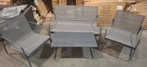1 X STUDIO 4 PIECE SLING LOUNGE SET IN BLACK CONTAINING 2 SEATER AND 2 CHAIRS WITH ONE TABLE IN ONE BOX (NOTE CUSTOMER RETURNS BOX DAMAGED)
