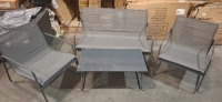 1 X STUDIO 4 PIECE SLING LOUNGE SET IN BLACK CONTAINING 2 SEATER AND 2 CHAIRS WITH ONE TABLE IN ONE BOX (NOTE CUSTOMER RETURNS BOX DAMAGED)