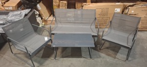 1 X PRE - BUILT STUDIO 4 PIECE SLING LOUNGE SET IN GREY CONTAINING 2 SEATER AND 2 CHAIRS WITH ONE TABLE IN ONE BOX (NOTE CUSTOMER RETURNS BOX DAMAGED)