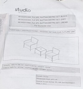 1 X STUDIO FIJI 3 PIECE RATTAN BISTRO SET IN GREY CONTAINING 2 CHAIRS IN SIZE W 56 X D 53 X H 81 AND ONE TABLE IN SIZE W 40 X D 40 X H 40 CM IN ONE BOX (NOTE CUSTOMER RETURNS )