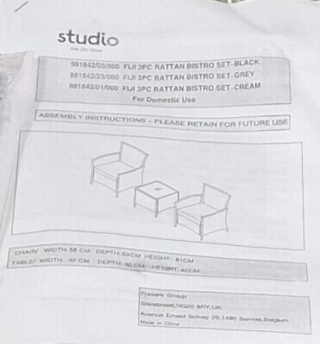 1 X STUDIO FIJI 3 PIECE RATTAN BISTRO SET IN GREY CONTAINING 2 CHAIRS IN SIZE W 56 X D 53 X H 81 AND ONE TABLE IN SIZE W 40 X D 40 X H 40 CM IN ONE BOX (NOTE CUSTOMER RETURNS )