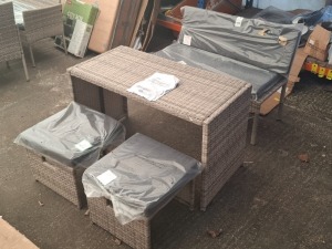 1 X PRE- BUILT STUDIO DALLAS RATAN 4 PIECE DINING SET IN GREY CONTAINING DOUBLE CHAIR IN SIZE 103 X 55 X 72 , TABLE IN SIZE W 110 X 55 X H66 CM (NOTE CUSTOMER RETURNS )