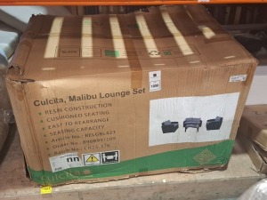 1 X CULCITA MALIBU LOUNGE SET IN BLACK CONTAINING 2 SEATER CHAIR AND 2 SINGLE CHAIRS AND ONE TABLE IN ONE LARGE BOX (NOTE DAMAGED BOX / CUSTOMER RETURNS )