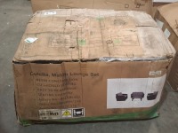 1 X CULCITA MALIBU LOUNGE SET IN BLACK CONTAINING 2 SEATER CHAIR AND 2 SINGLE CHAIRS AND ONE TABLE IN ONE LARGE BOX (NOTE DAMAGED BOX / CUSTOMER RETURNS )