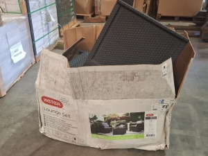 1 X KETER EMMA LOUNGE SET CONTAINING 2 SEATER CHAIR AND TWO ARM CHAIRS AND ONE STORAGE TABLE (NOTE DAMAGED BOX / CUSTOMER RETURNS )