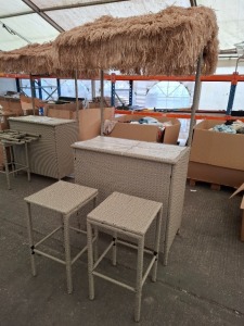 1 X IN BOX TIKI 3 PIECE BAR SET - TEMPERED GLASS TOP / HAY STYLE ROOF - BAR CHAIRS SIZE W40 / D 40 / H71 CM , BAR TABLE SIZE L 101 / W 58 / H 210 IN ONE BOX (NOTE DAMAGED BOX / CUSTOMER RETURNS)