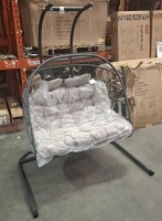 1 X STUDIO KOKOMO DOUBLE HANGING EGG CHAIR IN GREY IN SIZE 156 X 120 X 198CM IN ONE BOX (NOTE DAMAGED BOX / CUSTOMER RETURNS IN UNKNOWN CONDITION )