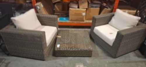 3 PC OUTDOOR GARDEN LOT CONTAINING 2 CUBE LARGE LOUNGE ARMCHAIRS RRP &pound;898 IN SIZE H 67 X L 87 X D 70 AND ONE CUBE SQUARE COFFEE TABLE RRP &pound;413 IN SIZE H 25 X 84 X 84 (NOTE EX DISPLAY )