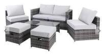 1 X LINEA RATTAN 7 PIECE PE RATTAN GARDEN DINING SET IN CHARCOAL GREY - POWDER COATED STEEL FRAMES - 5MM TEMPERED GLASS TABLE TOP - CUSHIONS FOR COMFORT - PE RATTAN FOR DOUBLE DURABILITY SIZE OF TABLE - 103 L X 34 H X 51CM W , SIZE OF SEATING AREA - 210 L