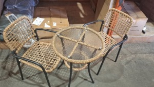 2 X STUDIO TRURO BISTRO SETS CONTAINING TABLE IN SIZE W56 X D 57 X H 81 AND TWO CHAIRS IN SIZE DIA 60 X H 72 ONE SET IN BOX ONE SET PRE- BUILT (CUSTOMER RETURNS)