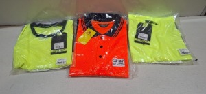 90 X BRAND NEW MIXED HI VIS T-SHIRT LOT TO INCLUDE AVIATOR YELLOW HI VIS T-SHIRTS - CREATE AND DESTROY DOUBLE TONE ORANGE HI VIS POLO SHIRTS AVIATOR DOUBLE TONE YELLOW HI VIS T SHIRTS ALL IN VARIOUS SIZES IN 3 BOXES