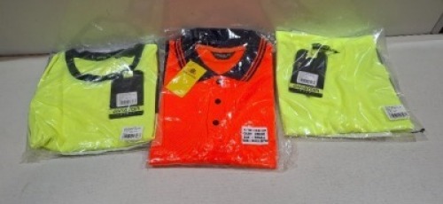 90 X BRAND NEW MIXED HI VIS T-SHIRT LOT TO INCLUDE AVIATOR YELLOW HI VIS T-SHIRTS - CREATE AND DESTROY DOUBLE TONE ORANGE HI VIS POLO SHIRTS AVIATOR DOUBLE TONE YELLOW HI VIS T SHIRTS ALL IN VARIOUS SIZES IN 3 BOXES