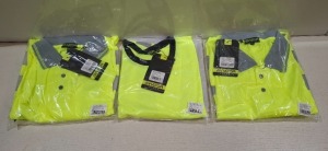 90 X BRAND NEW MIXED HI VIS T-SHIRT LOT TO INCLUDE AVIATOR DOUBLE TONE YELLOW HI VIS T SHIRTS - AVIATOR YELLOW HI VIS POLO SHIRTS ALL IN VARIOUS SIZES IN 3 BOXES