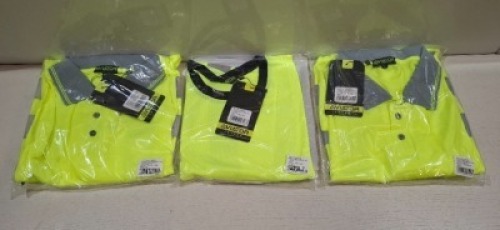 90 X BRAND NEW MIXED HI VIS T-SHIRT LOT TO INCLUDE AVIATOR DOUBLE TONE YELLOW HI VIS T SHIRTS - AVIATOR YELLOW HI VIS POLO SHIRTS ALL IN VARIOUS SIZES IN 3 BOXES
