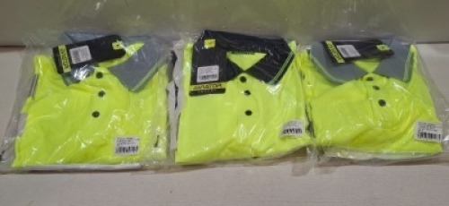 90 X BRAND NEW MIXED HI VIS T-SHIRT LOT TO INCLUDE AVIATOR ORANGE HI VIS POLO SHIRTS - AVIATOR YELLOW HI VIS POLO SHIRTS - AVIATOR YELLOW HI VIS TWO TONE POLO SHIRTS ALL IN VARIOUS SIZES IN 3 BOXES