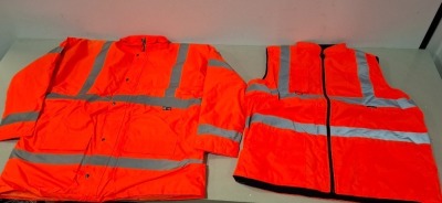 14 X BRAND NEW MIXED HI VIS COATS LOT TO INCLUDE - CREATE AND DESTROY ORANGE HI VIS BOMBER JACKETS - CREATE AND DESTROY ORANGE HI VIS REVERSIBLE GILLETS - ST ORANGE HI VIS BOMBER JACKET - STEP AHEAD ORANGE HI VIS BOMBER JACKETS ALL IN VARIOUS SIZES