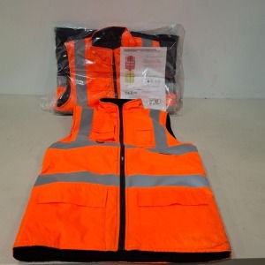 15 X BRAND NEW MIXED HI VIS COATS LOT TO INCLUDE - CREATE AND DESTROY YELLOW HI VIS REVERSIBLE GILLETS - CREATE AND DESTROY ORANGE HI VIS REVERSIBLE GILLETS - CREATE AND DESTROY YELLOW HI VIS BOMBER JACKET IN VARIOUS SIZES