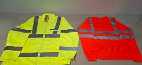 50 X BRAND NEW MIXED HEALTH AND SAFETY CLOTHING LOT TO INCLUDE DICKIES - AVIATOR - STEP AHEAD - HI VIS HOODIES - SWEATSHIRTS OVERALLS IN YELLOW AND ORANGE ALL IN VARIOUS SIZES