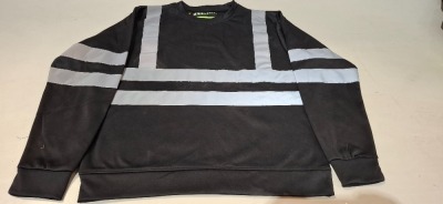 50 X BRAND NEW MIXED HEALTH AND SAFETY CLOTHING LOT AVIATOR SWEAT SHIRTS - AVIATOR HI VIS TROUSERS -TULIP NAVY TROUSERS - CREATE AND DESTROY HI VIS TROUSERS - ALL IN VARIOUS SIZES - 3 TRAYS