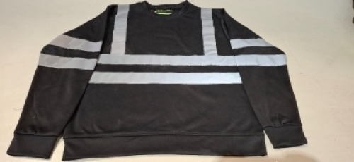 50 X BRAND NEW MIXED HEALTH AND SAFETY CLOTHING LOT AVIATOR SWEAT SHIRTS - AVIATOR HI VIS TROUSERS -TULIP NAVY TROUSERS - CREATE AND DESTROY HI VIS TROUSERS - ALL IN VARIOUS SIZES - 3 TRAYS