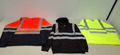 75 + BRAND NEW MIXED HEALTH AND SAFETY CLOTHING LOT HI VIS BODY WARMER - AVIATOR SWEAT SHIRT - HI VIS STANDARD JACKET - CREATE AND DESTROY HI VIS ZIP UP JUMPER - AVIATOR TWO TONE SWEATERS - ALL IN VARIOUS SIZES