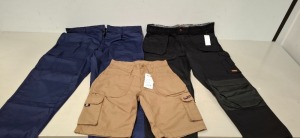 100 + BRAND NEW MIXED HEALTH AND SAFETY CLOTHING LOT CONTAINING CLICK PREMIUM WORK TROUSERS - TUFF STUFF ENDURO SHORTS - DICKIES CARGO SHORTS - SUPETR TOUCH COMBAT TROUSERS - MENS ORBIT STK TROUSERS - ALL IN VARIOUS SIZES