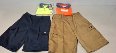 100 + BRAND NEW MIXED HEALTH AND SAFETY CLOTHING LOT CONTAINING DICKES CARGO SHORTS - CREATE AND DESTROY ROUND NECK TSHIRTS - AVIATOR CREW NECK TSHIRTS - ARCTIC STORM WATERPROOF JACKETS - B SEEN HI VIS SHIRTS - WORK FORT TROUSERS - WATERPROOF PANTS - ALL