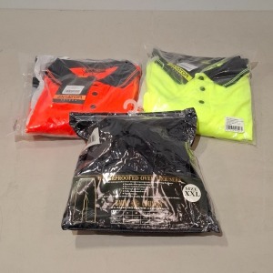 100 + BRAND NEW MIXED HEALTH AND SAFETY LOT CONTAINING ARCTIC STORM WATERPROOF JACKET IN NAVY AND CAMO IN SIZES M, XL, XXL, WATERPROOF OVER TROUSERS IN NAVY IN SIZE XXL, AVIATOR MENS DOUBLE TONE LONG SLEVE POLO IN COLOURS ORANGE/NAVY AND YELLOW/NAVY IN SI