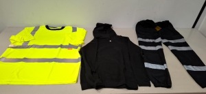 100 + BRAND NEW MIXED HEALTH AND SAFETY CLOTHING LOT CONTAINING BAUM COUNTRY WATERPROOF OVER TROUSERS IN NAVY ALL IN SIZE XXL, CREATE AND DESTROY MENS JOGGERS IN BLACK ALL IN SIZE SMALL, ST WORKWEAR HI-VIS POLO SHIRT IN ORANGE/BLUE AND GREEN/BLUE IN SIZE