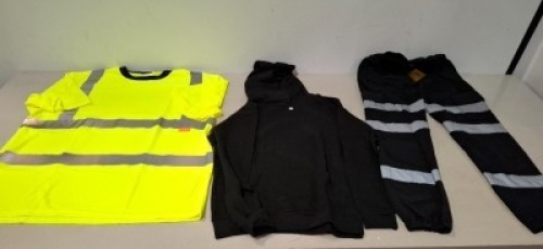 100 + BRAND NEW MIXED HEALTH AND SAFETY CLOTHING LOT CONTAINING BAUM COUNTRY WATERPROOF OVER TROUSERS IN NAVY ALL IN SIZE XXL, CREATE AND DESTROY MENS JOGGERS IN BLACK ALL IN SIZE SMALL, ST WORKWEAR HI-VIS POLO SHIRT IN ORANGE/BLUE AND GREEN/BLUE IN SIZE