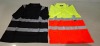 100 X BRAND NEW MIXED HEALTH AND SAFETY CLOTHING LOT CONTAINING AVIATOR MENS DOUBLE TONE LONG SLEEVE POLO IN GREEN / NAVY AND GREEN / GREY IN SIZES S AND XXL , CREATE AND DESTROY SINGLE TONE PULLOVER SWEATSHIRT IN ORANGE AND YELLOW, IN SIZE LARGE, ST WORK